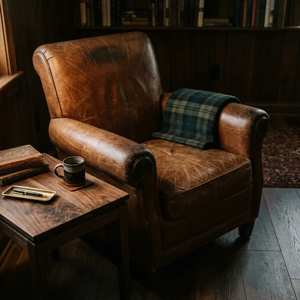 Full-grain tobacco leather club chair with visible patina beside a walnut drinks table