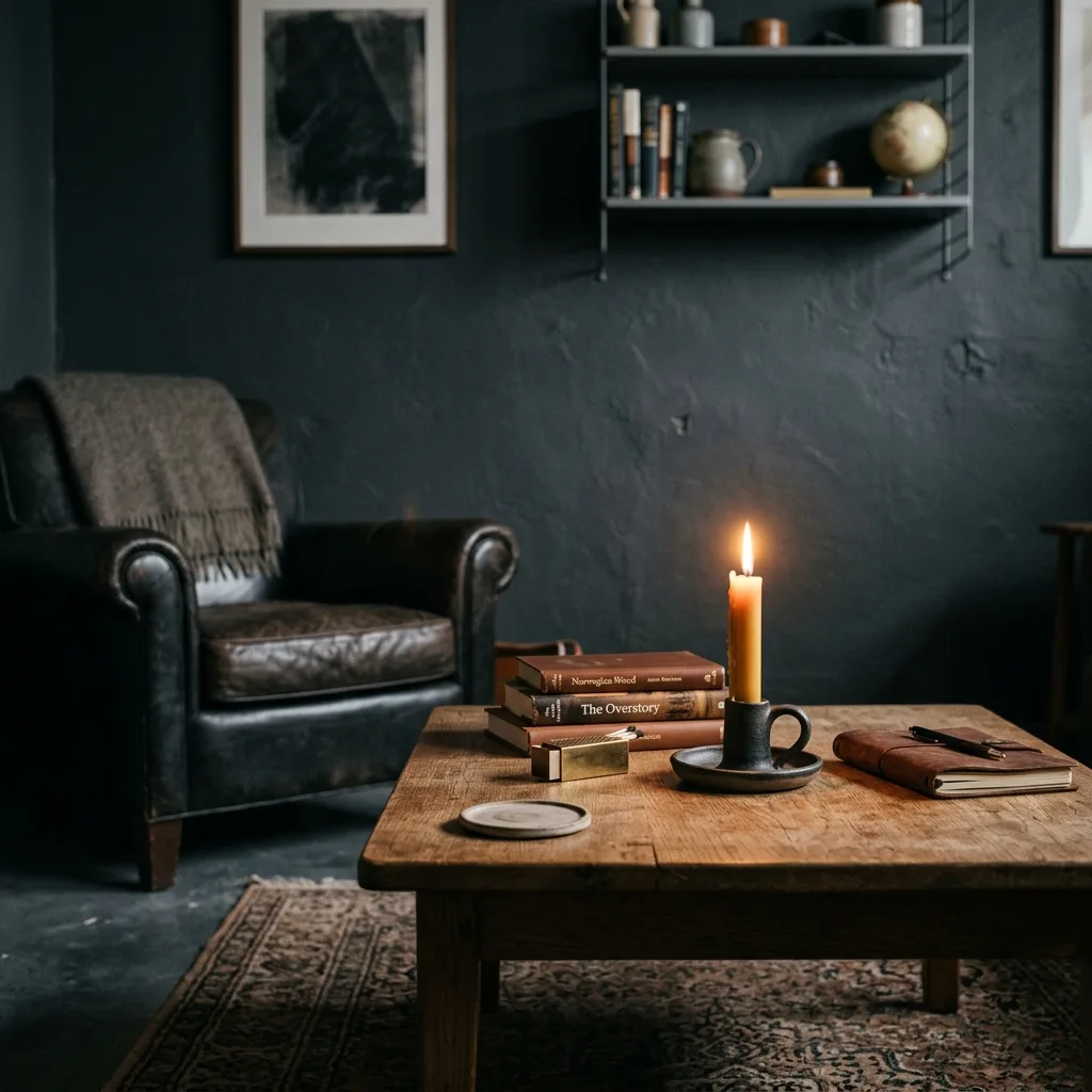 Leather and smoke scented candle in a black vessel on a home bar shelf with whiskey bottles