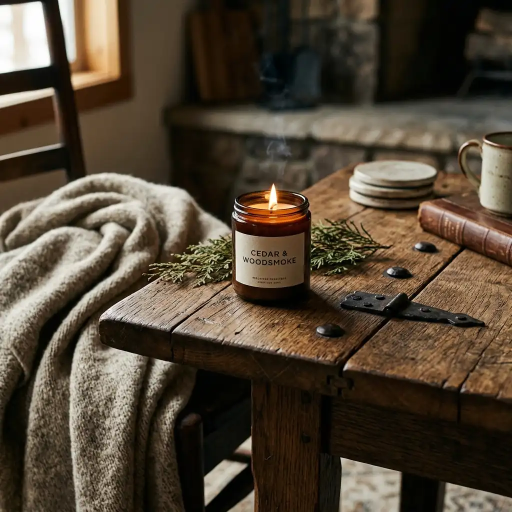 Amber glass candle on a side table next to a brown leather club chair and brass floor lamp