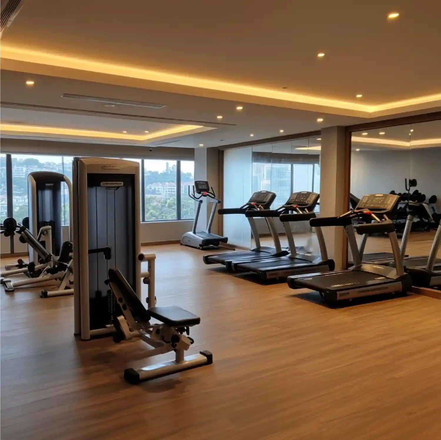 Layered LED strip lighting mounted parallel to a gym mirror above a lifting platform