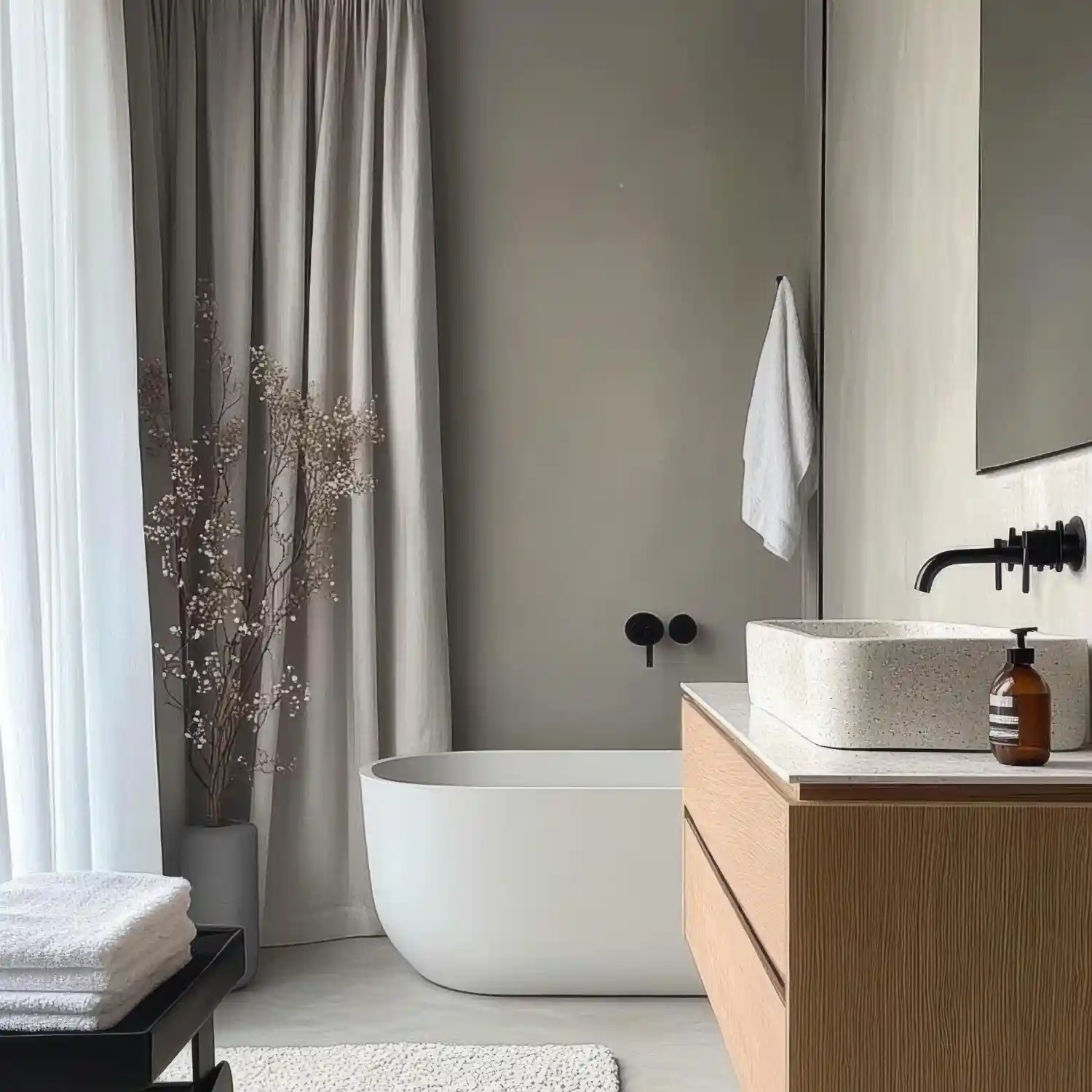 Small windowless bathroom in light dove gray with white ceiling and warm bulbs feeling open