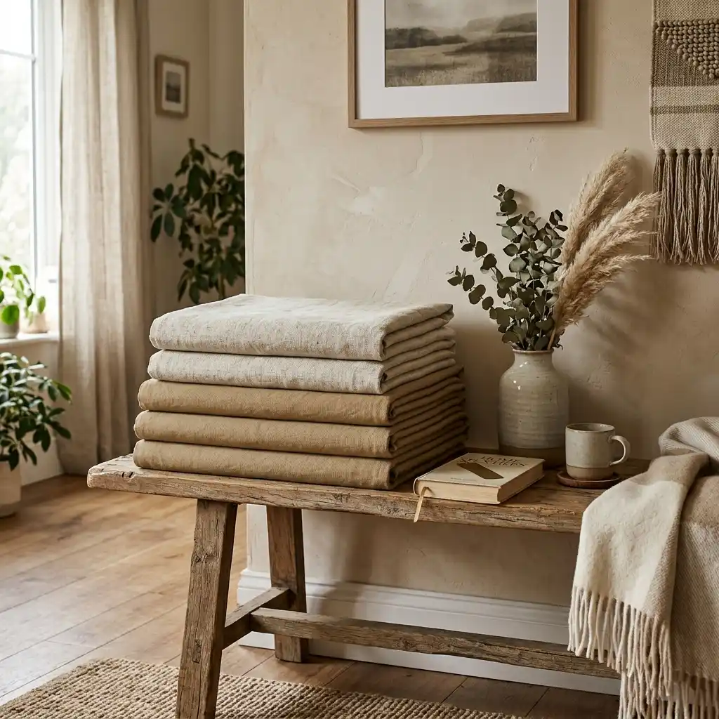 Linen and cotton pillow covers in oatmeal and warm khaki stacked on a wooden bench