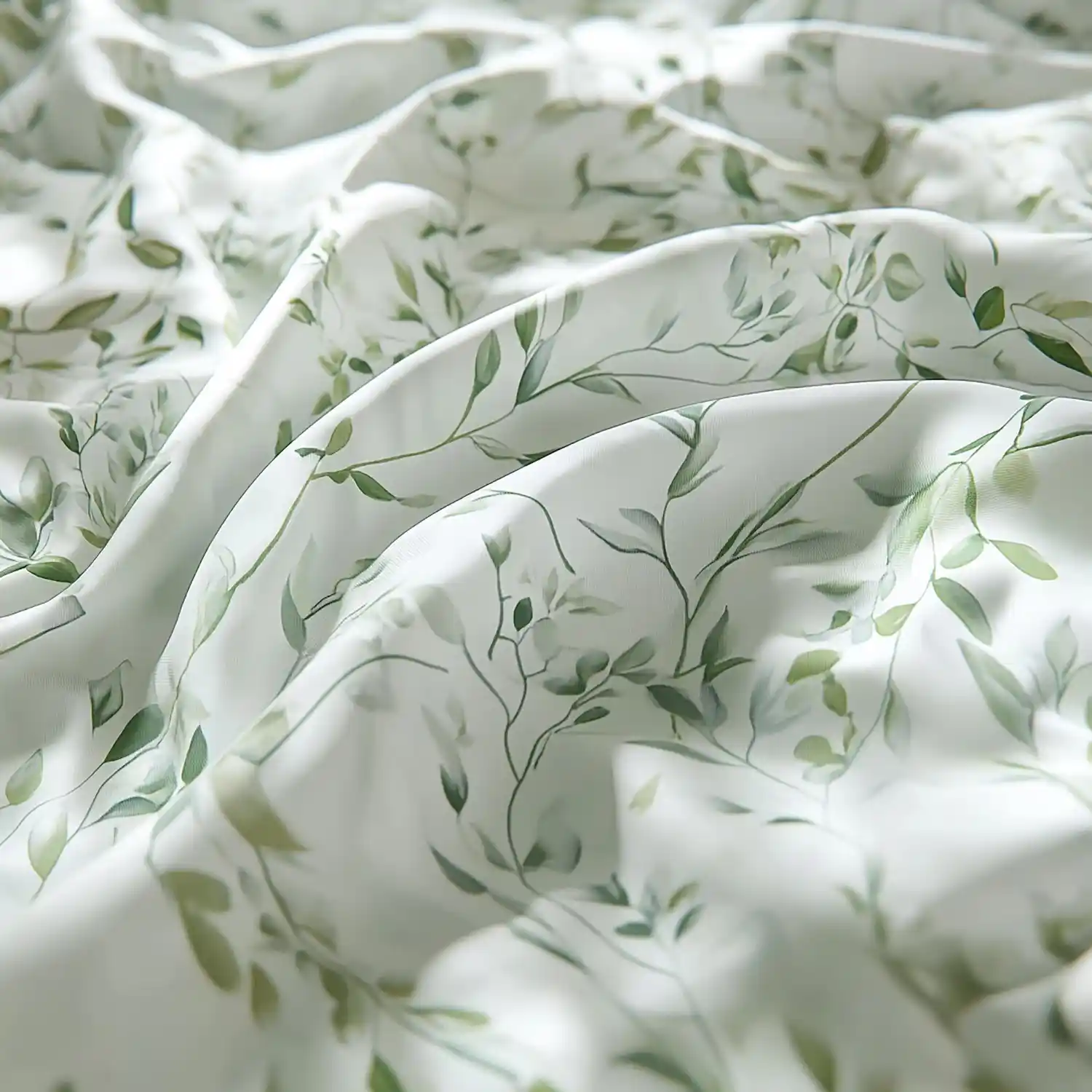 Close up of a sage green linen-blend shower curtain fabric with soft texture and folds