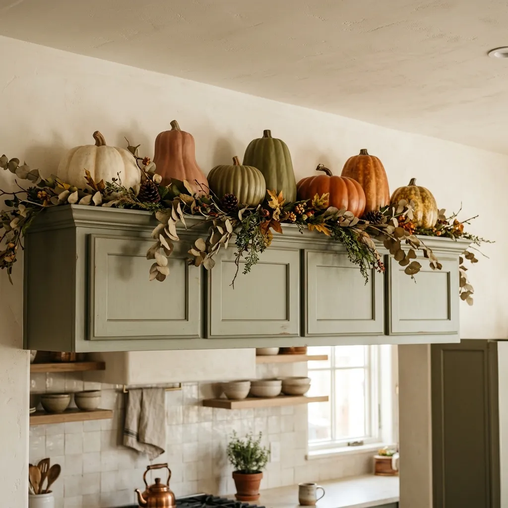 Large resin gourds and a faux garland placed on top of kitchen cabinets well above eye level