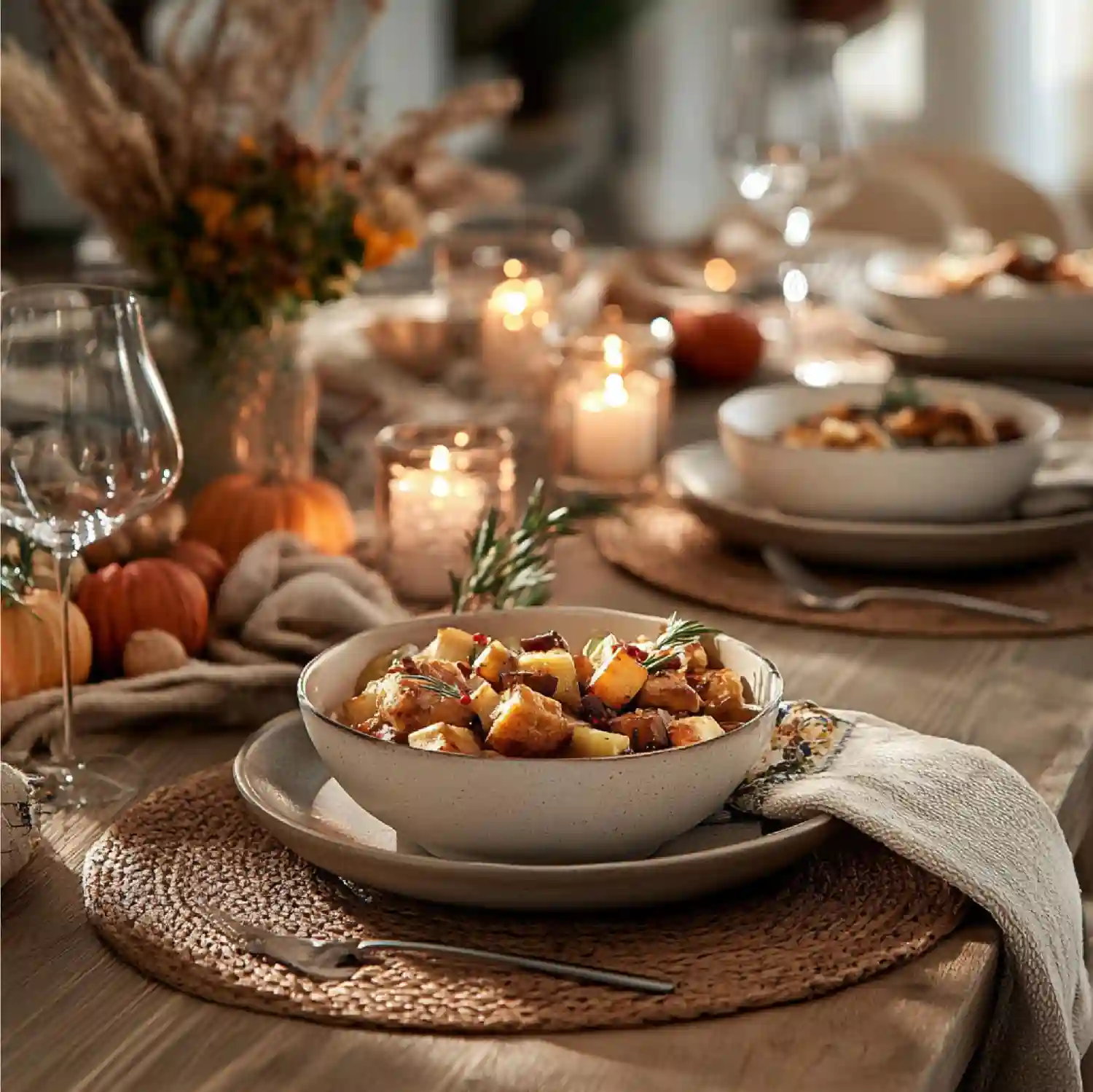 Low autumn centerpiece under 12 inches using dried wheat and bittersweet in three small vessels