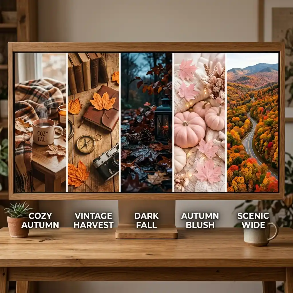 Autumn window scene lit by a single warm 2700K lamp with deep shadow across the room