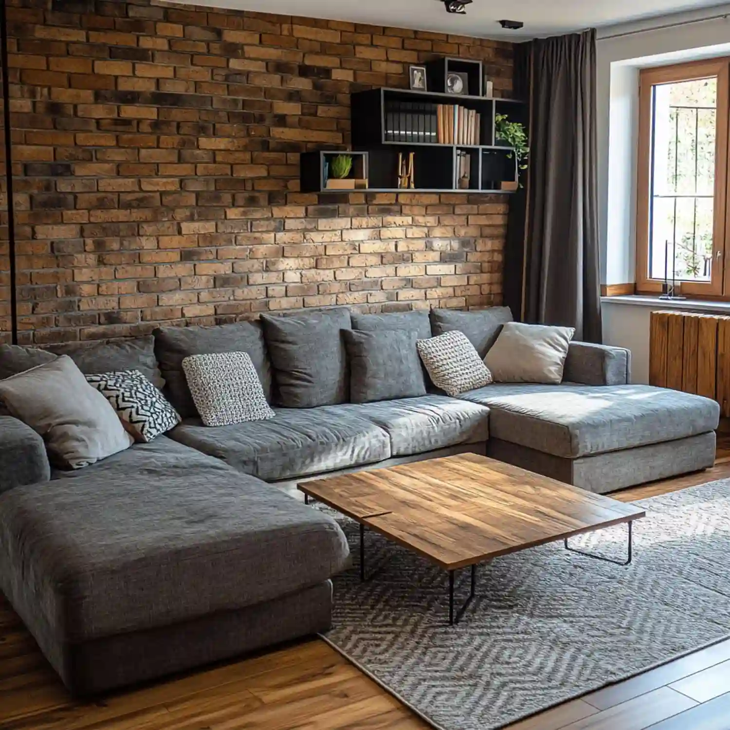 Low charcoal modular sofa beneath a roof slope facing a gable television wall with walnut console and rust cushions