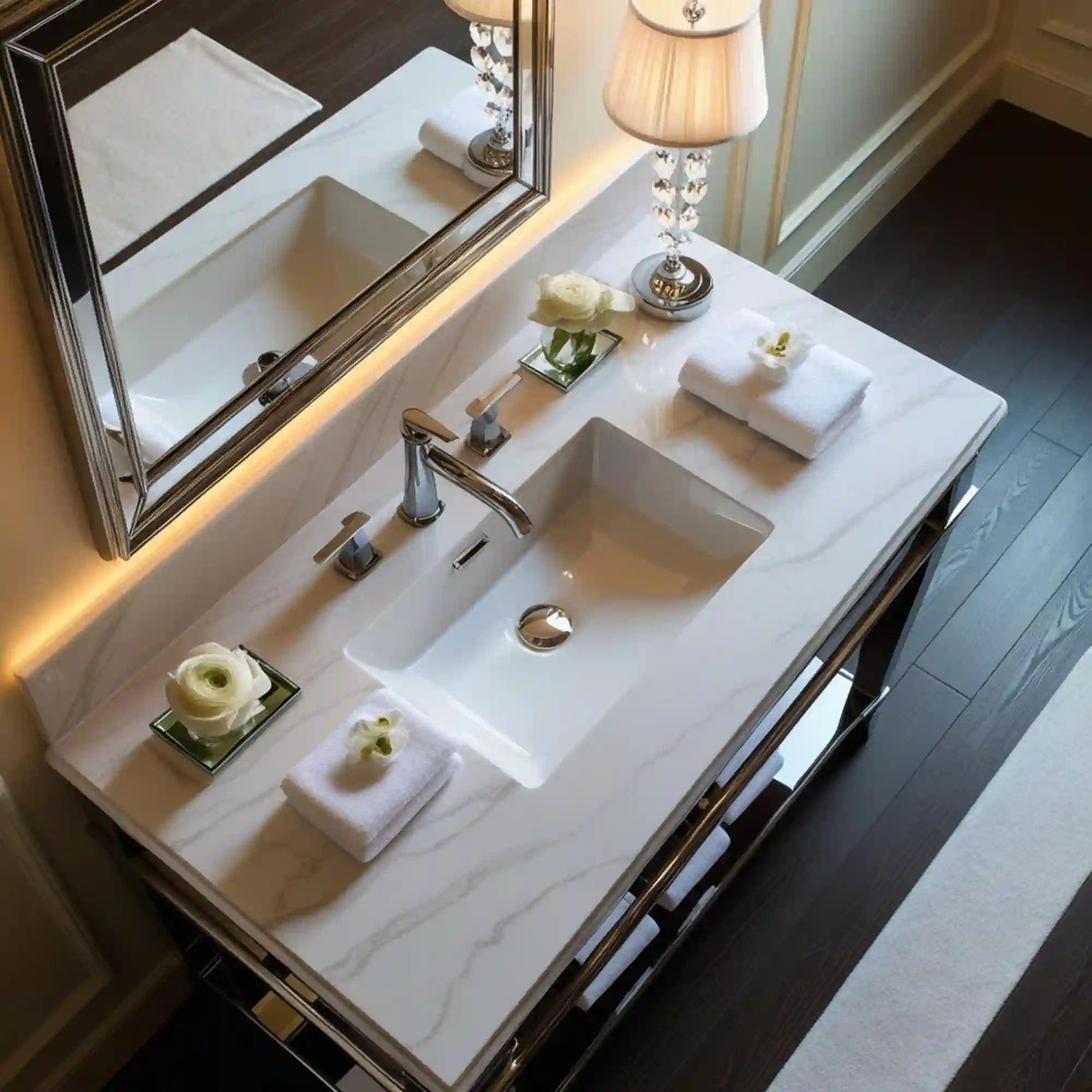 Marble bathroom vanity styled with brass fixtures and two folded white towels