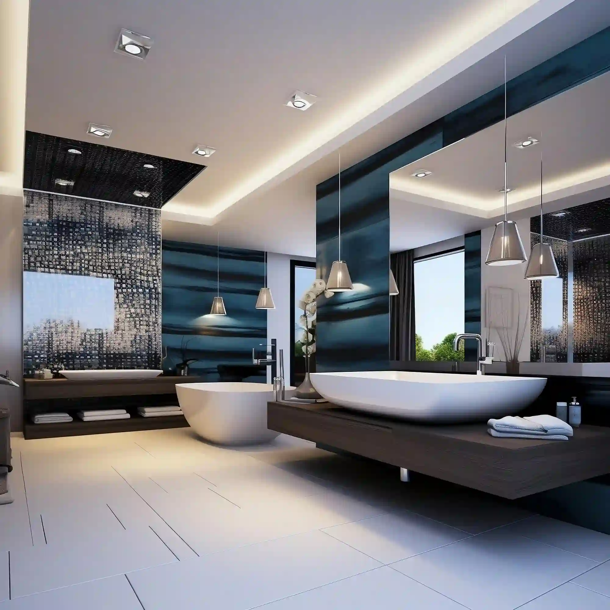 Five-star hotel-style bathroom with warm brass hardware and layered ambient lighting