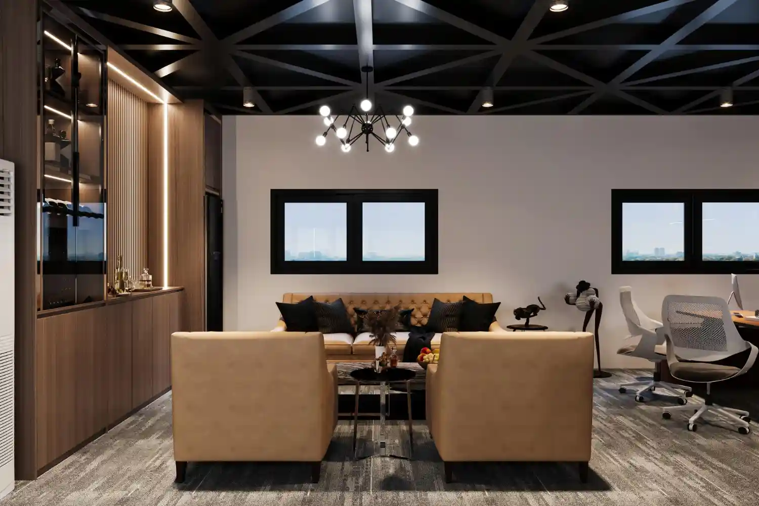 Finished luxury man cave with cognac leather seating, brass sconces, and a stone fireplace feature wall