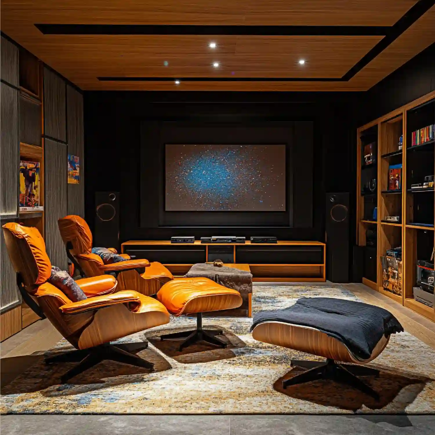 Moody man cave lounge with charcoal walls, cognac leather chair, and warm brass lighting