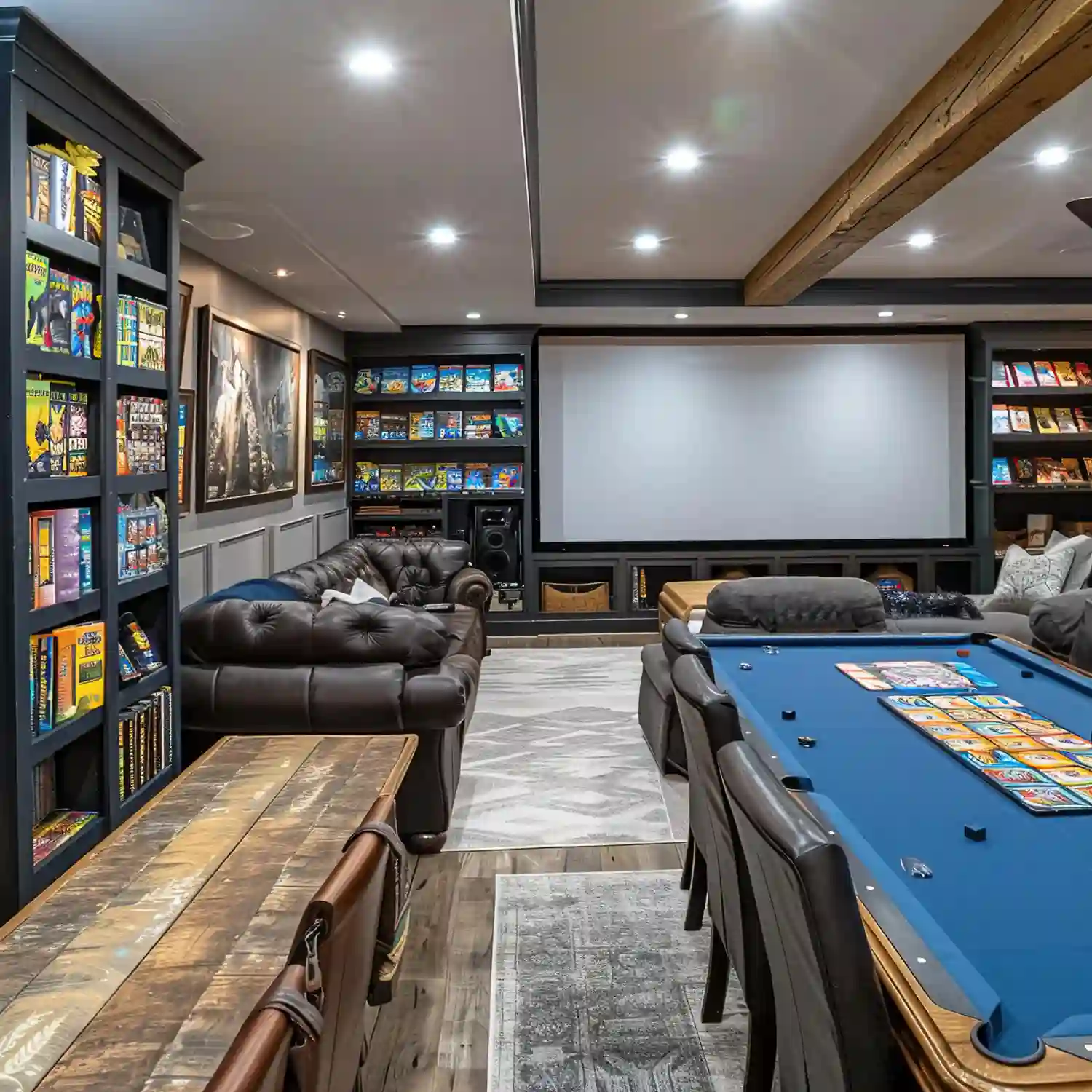 Planning checklist layout with fabric swatches, a floor sketch, and lighting notes for a luxury man cave