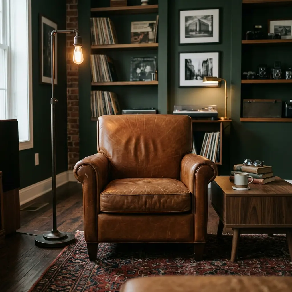 Single cognac leather armchair centered in a man cave with a floor lamp and low side table