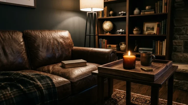 Dark man cave lounge with a lit candle on a walnut tray beside a leather sofa and warm lamp light