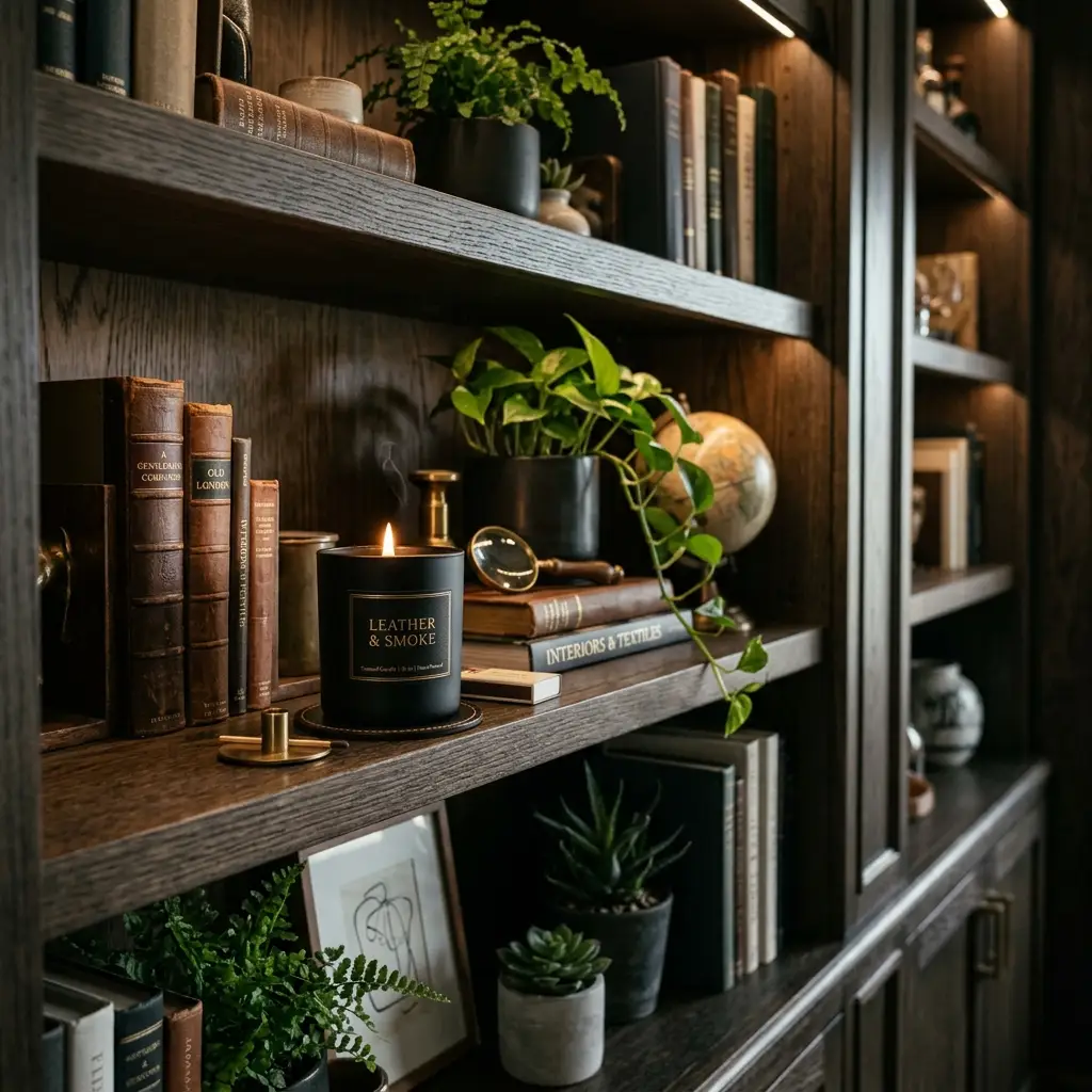Man cave candles lined up in concrete, matte black, and amber glass vessels on a wood ledge