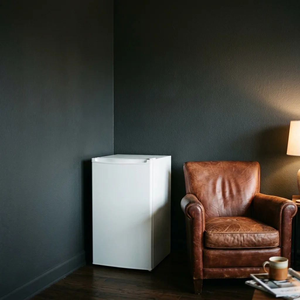 White compact fridge standing alone in a room corner beside a leather chair and dark wall
