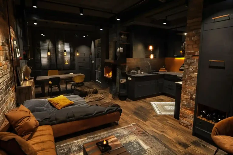 Stylish man cave with dark charcoal walls, cognac leather recliner sectional, LED neon bar sign, and warm layered lighting