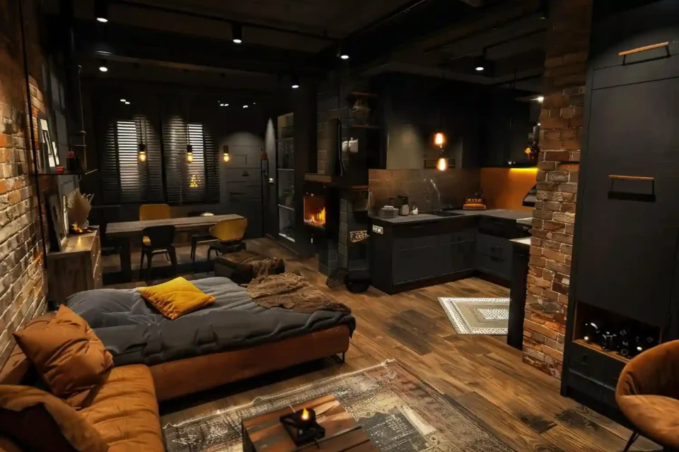Stylish man cave with dark charcoal walls, cognac leather recliner sectional, LED neon bar sign, and warm layered lighting