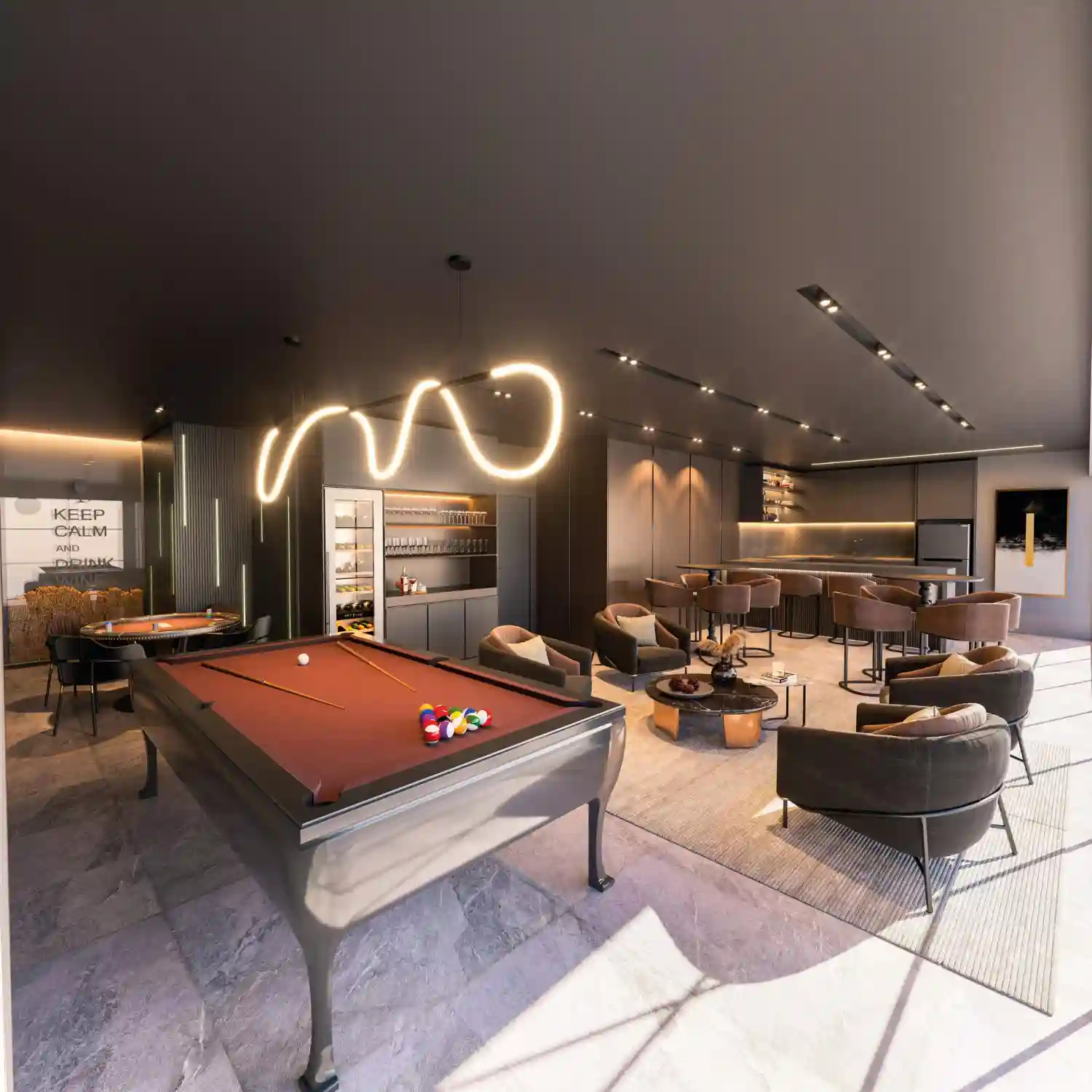 Man cave room overview with sectional positioned toward TV wall, layered lighting, and styled bar cart in corner