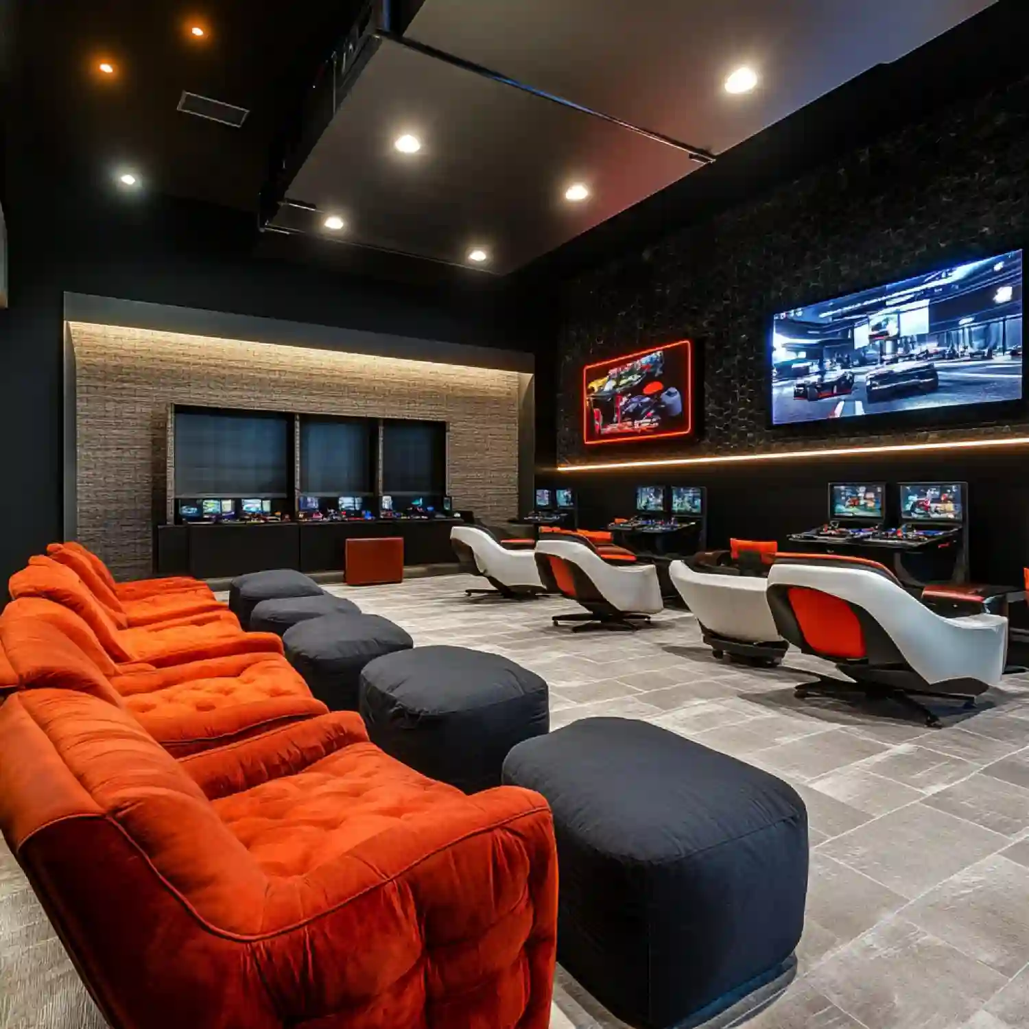 Organized man cave showing seating, television, storage, rug, and layered lighting in one complete room view