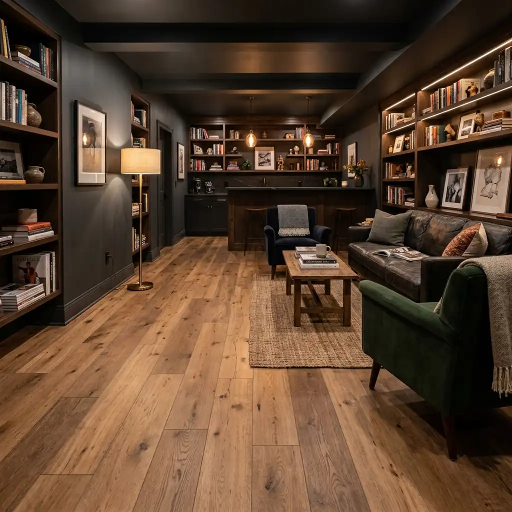Plank floor running through a man cave with a soft seating zone marked out and walkways left bare