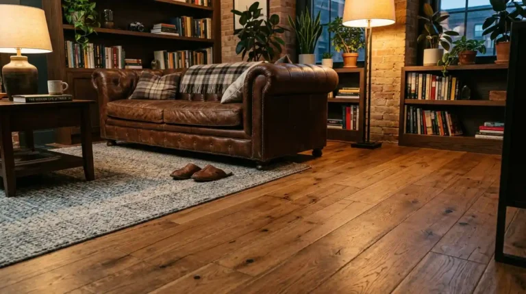 Warm oak plank floor in a man cave lounge with a leather sofa, low wool rug, and amber lamp light