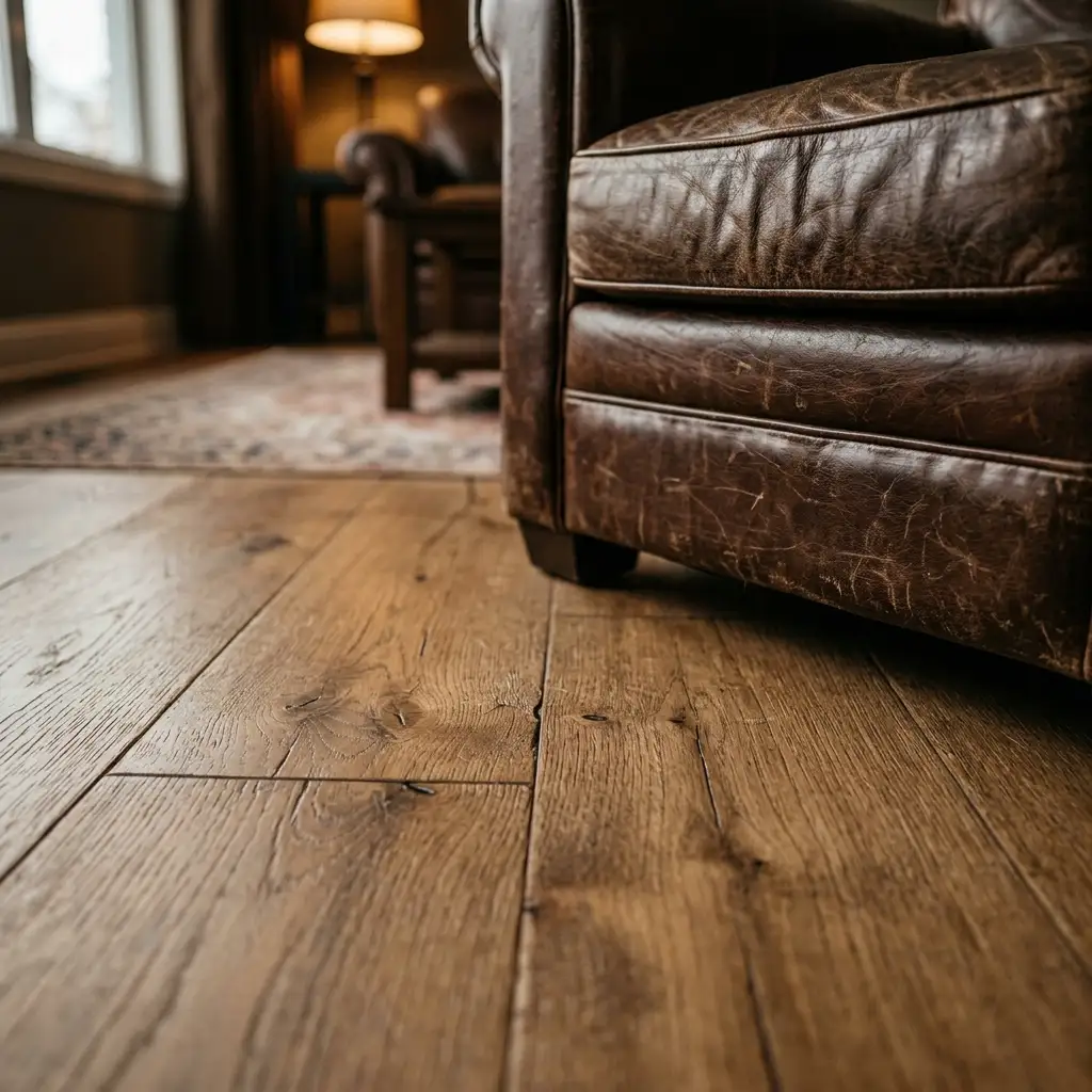 Man cave flooring samples laid out on concrete including oak plank, wool rug, rubber tile, and carpet tile