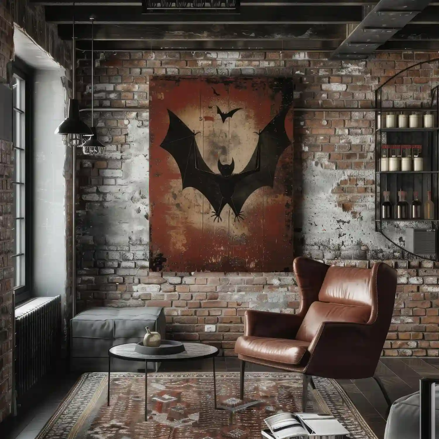 Man cave focal wall with two matte black framed vintage automotive prints and a shadow-box jersey at eye level