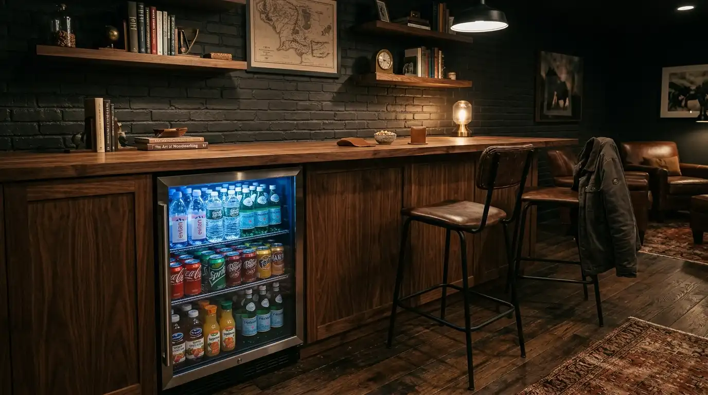 Dark man cave bar with a glass-door beverage center built into a walnut counter run beside stools