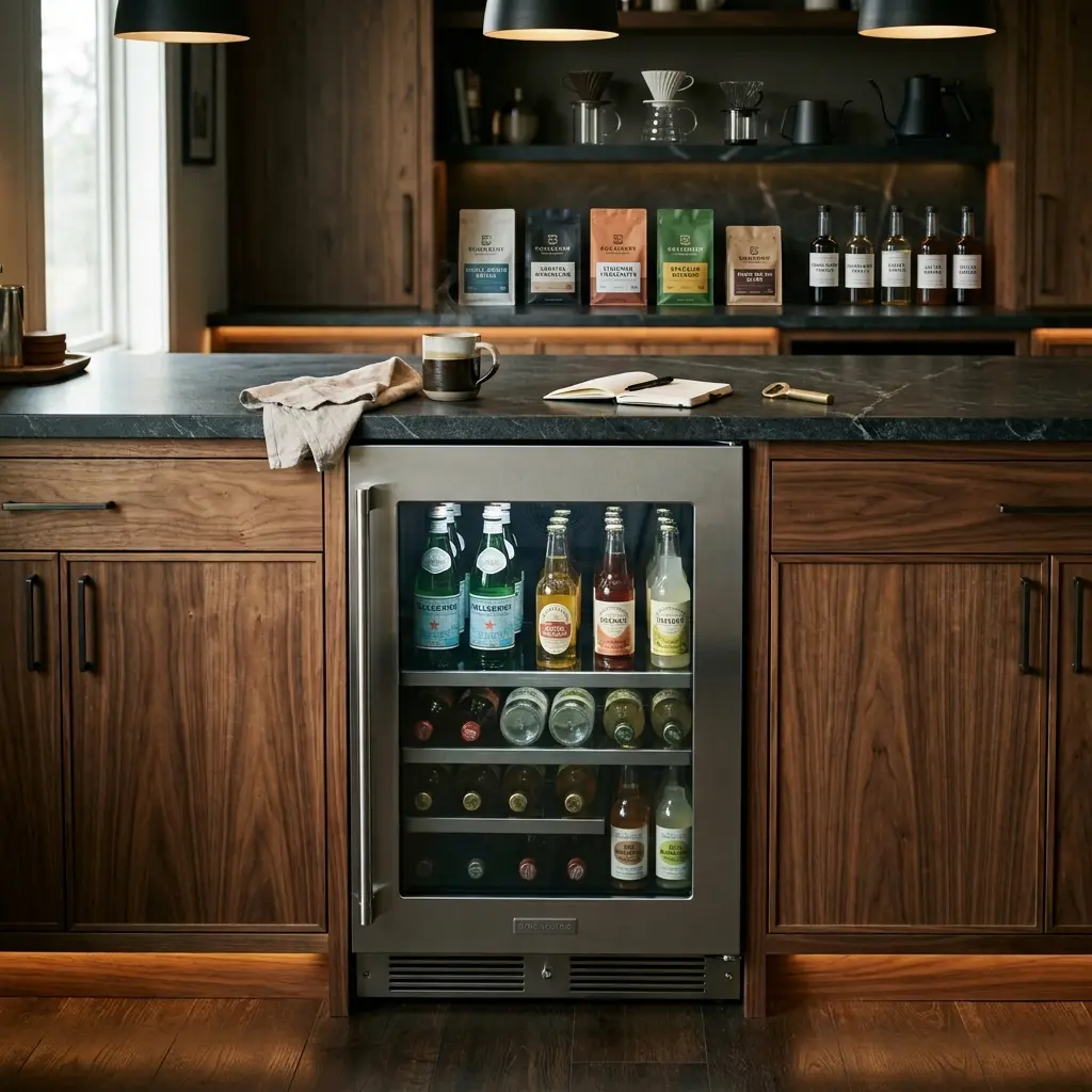 Lit glass-door drinks fridge with rows of bottles and cans set into a matte black bar run