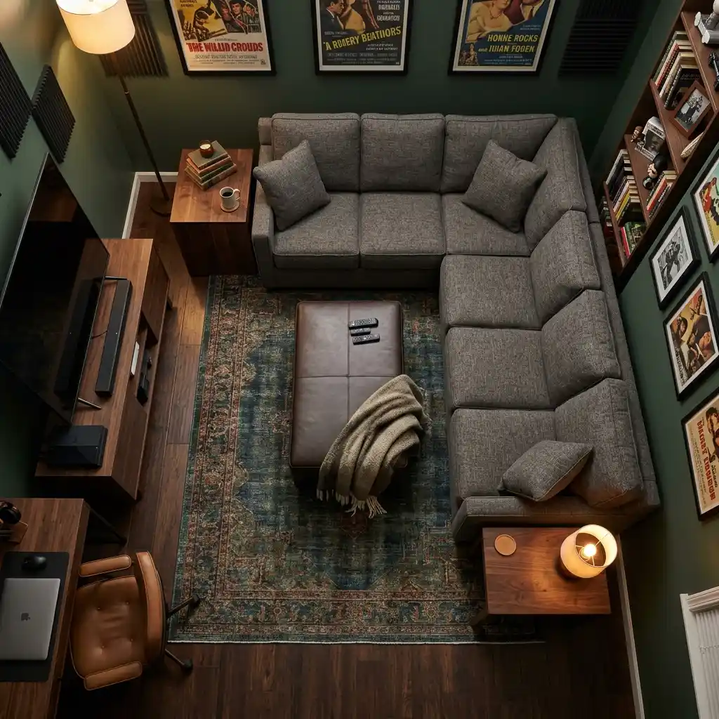 Overhead view of a man cave layout with a sectional, ottoman, side tables, and clear walkways