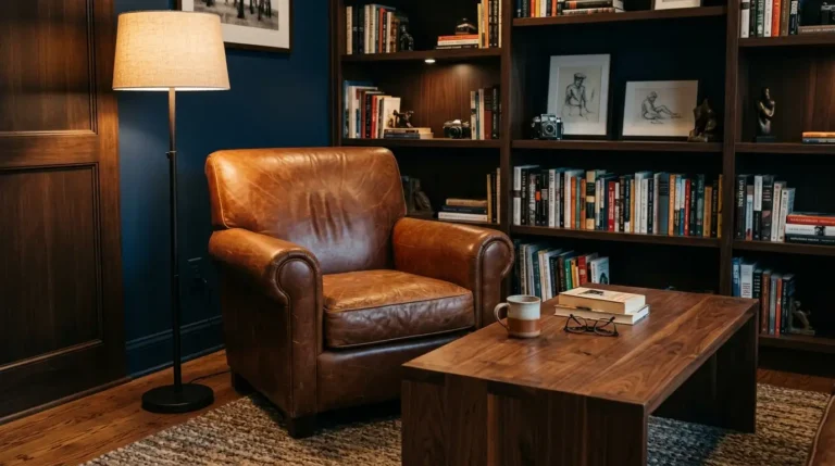 Man cave lounge with a cognac leather club chair, walnut coffee table, and warm lamp light