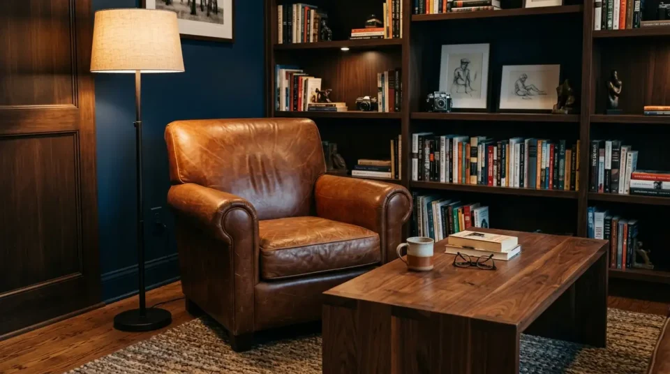 Man cave lounge with a cognac leather club chair, walnut coffee table, and warm lamp light
