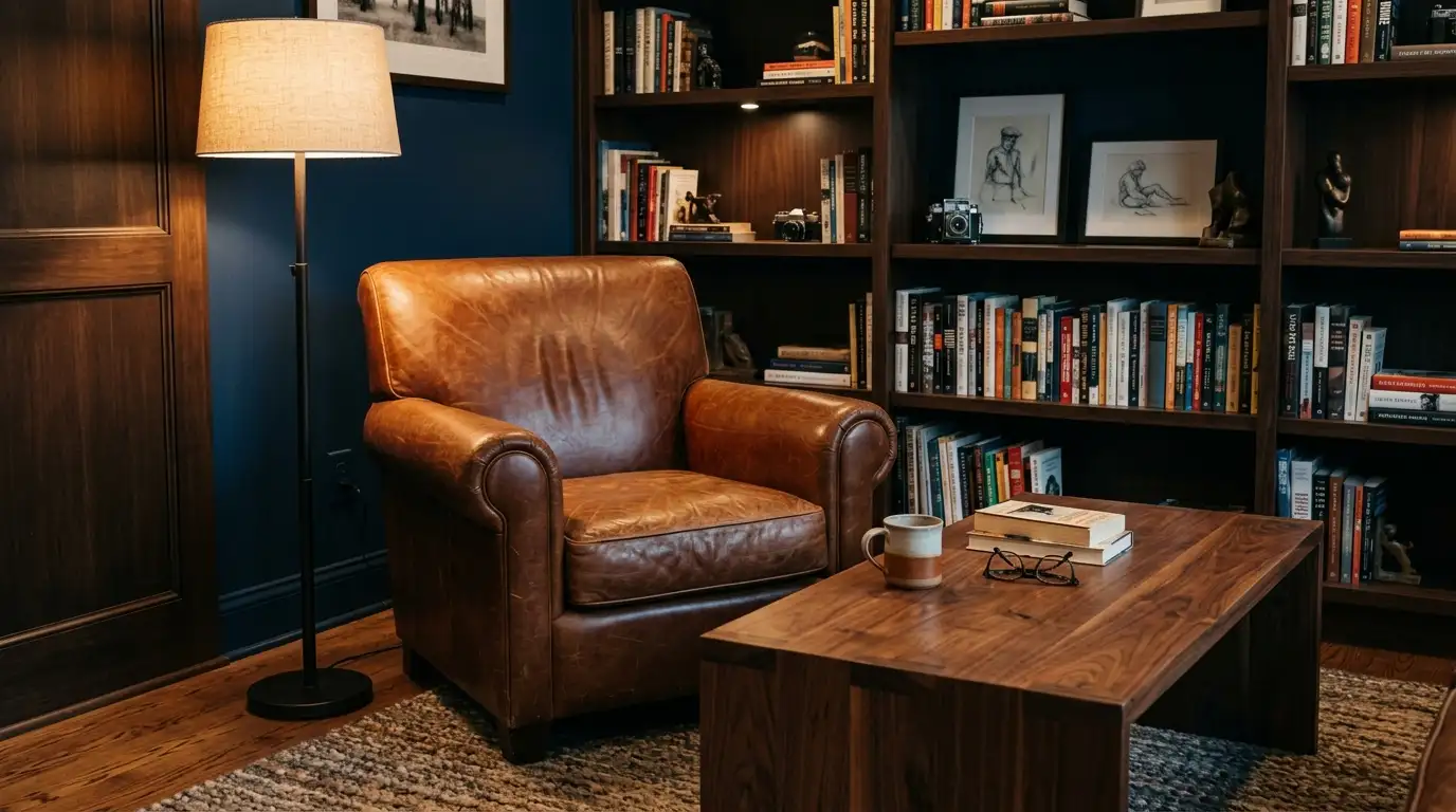 Man cave lounge with a cognac leather club chair, walnut coffee table, and warm lamp light