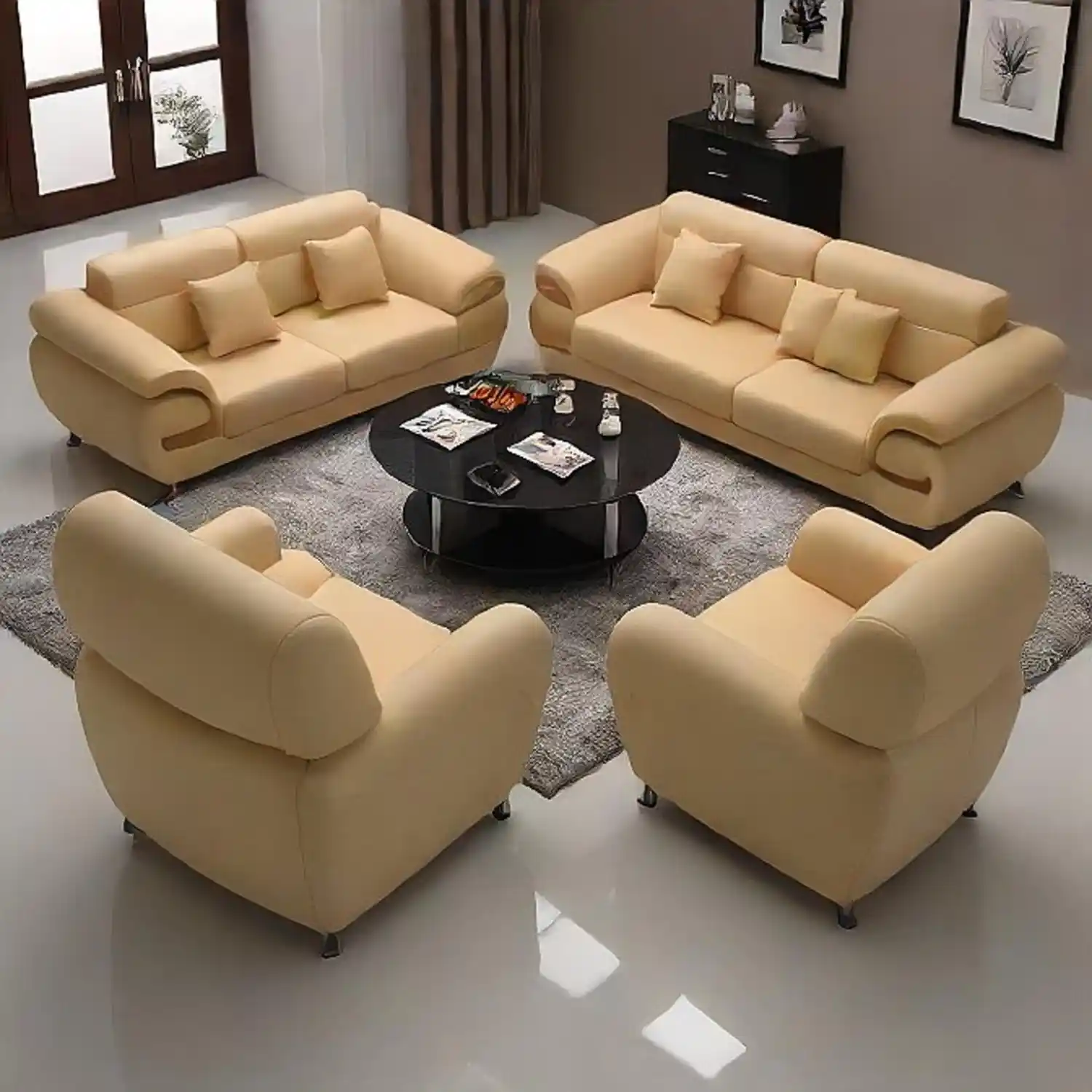 Man cave with dark navy leather power recliner sectional sized to the room with clear sightlines to TV wall