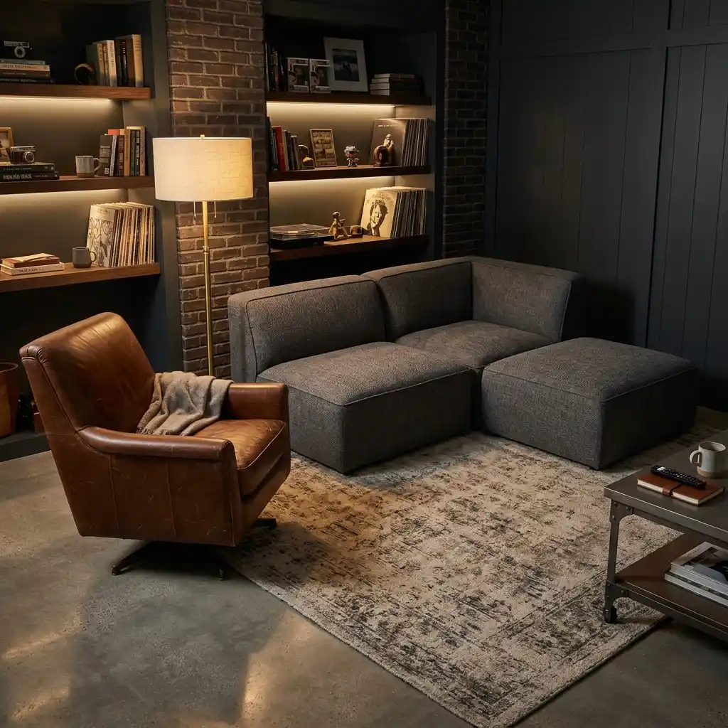 Modular sectional in a man cave arranged in separate units with a swivel club chair nearby