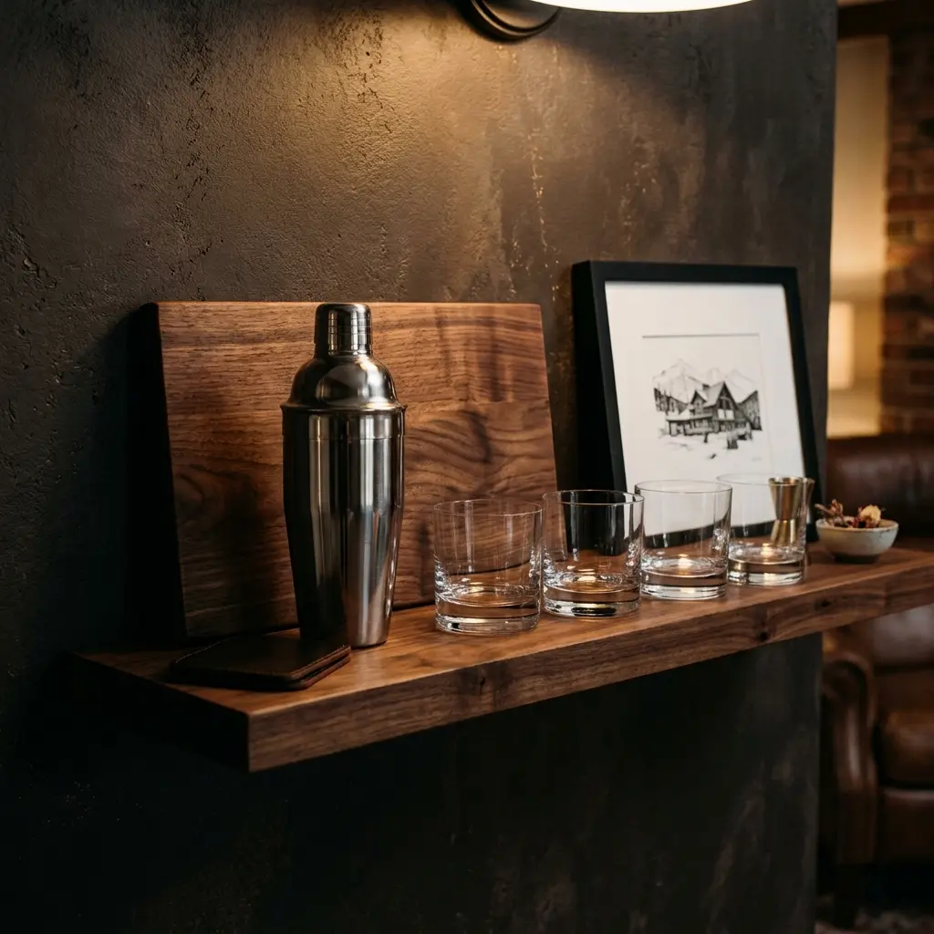 Weighted Boston shaker, Japanese jigger, and twisted bar spoon in brushed brass on a walnut board