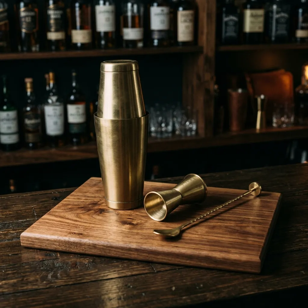 Man cave gifts grouped on a walnut surface: brass bar tools, leather valet tray, wool throw, and amber glassware