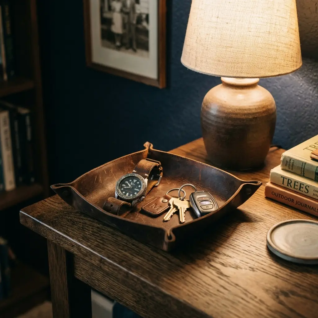 Leather valet tray holding a watch, keys and a fob on a dark oak console beside a ceramic lamp