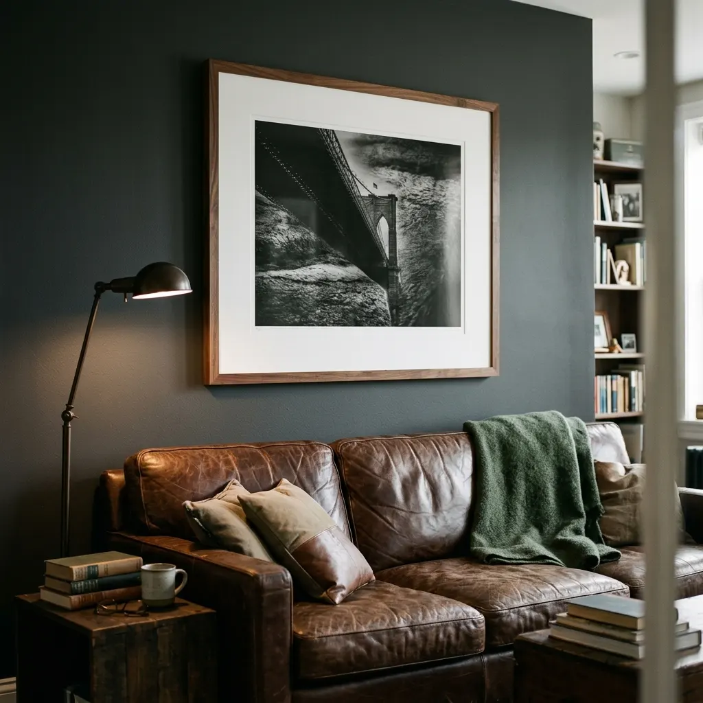 Full-grain leather valet tray holding keys and a watch on a dark wood console beside a lamp