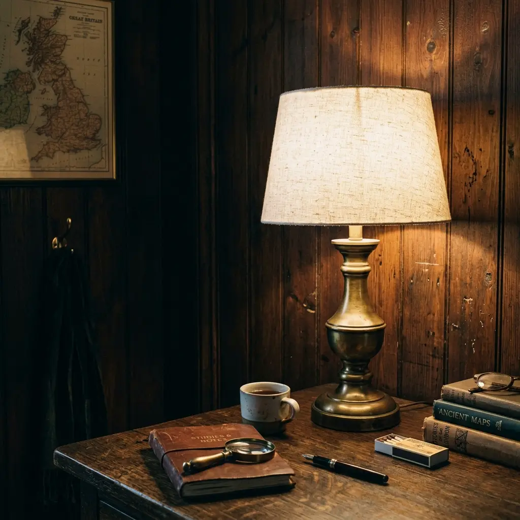Brass table lamp with a linen shade casting warm 2700K light across a dark paneled wall