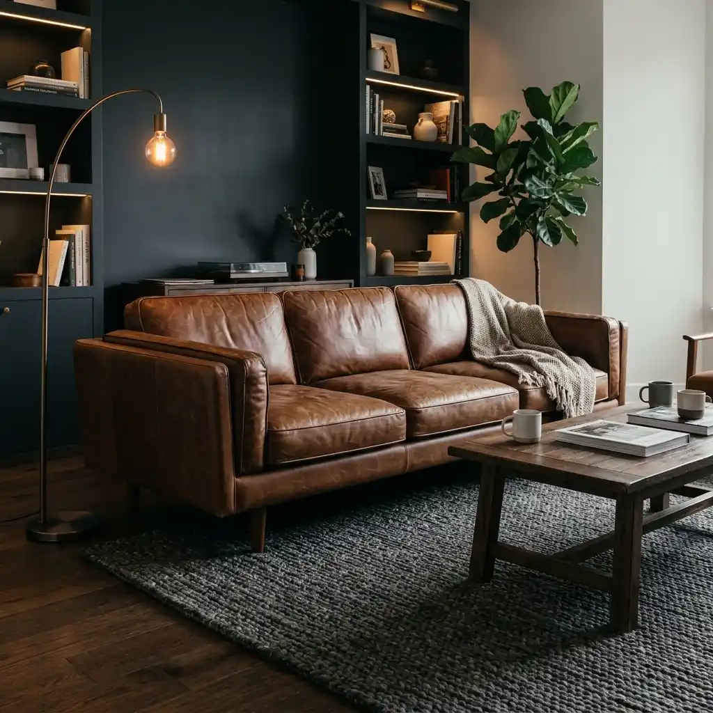 Charcoal wool flatweave rug under a leather sofa with the front legs of each seat on the rug