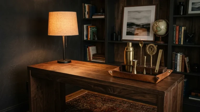 Walnut console in a dark man cave holding brass bar tools, a leather tray, and a warm shaded lamp