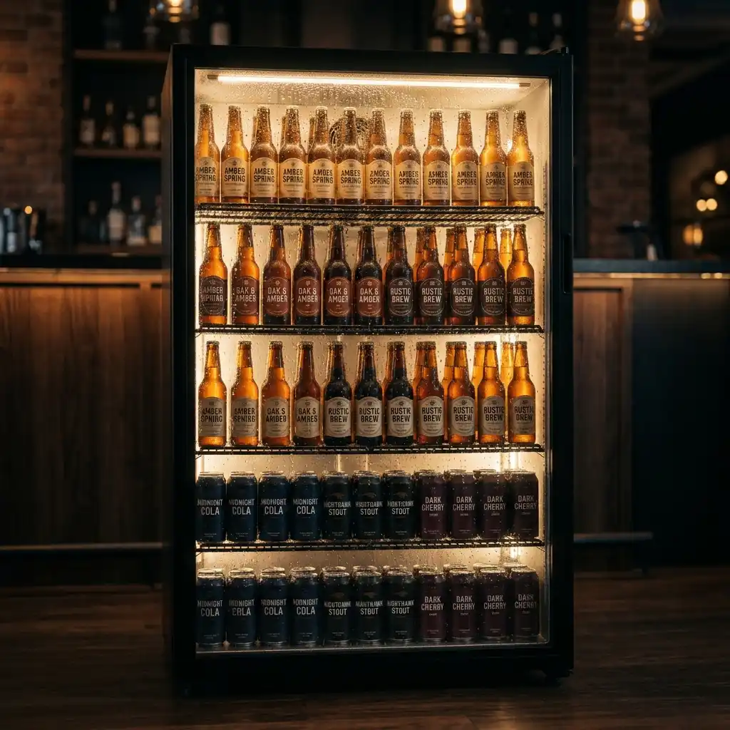 Undercounter kegerator with a stainless tap tower and two faucets set into a bar counter