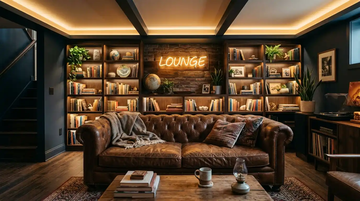 Warmly lit basement lounge with leather sofa, hidden LED cove glow, and a single amber neon sign