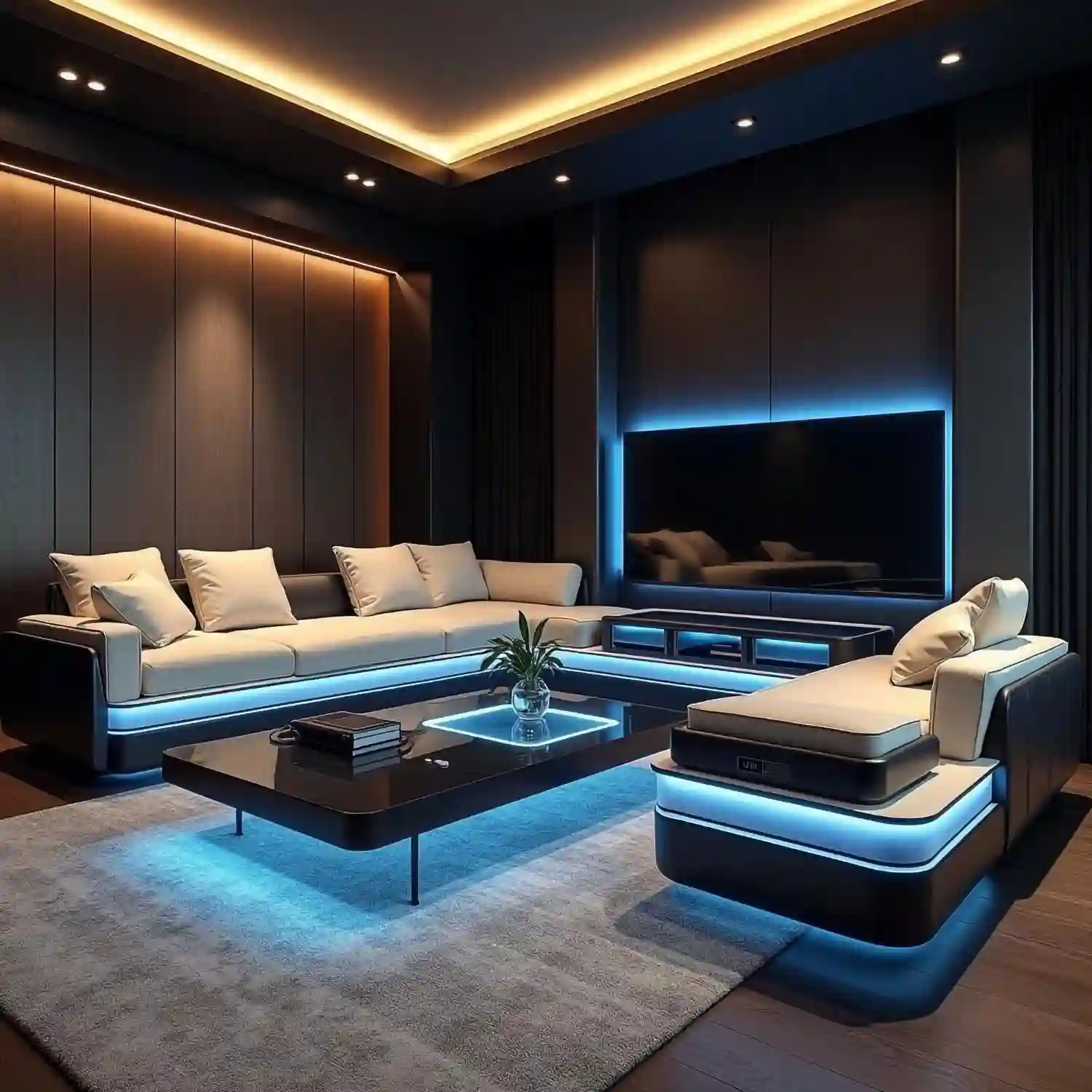 Man cave with three-layer lighting — dimmable recessed downlights, floor lamp, and warm LED neon accent strip