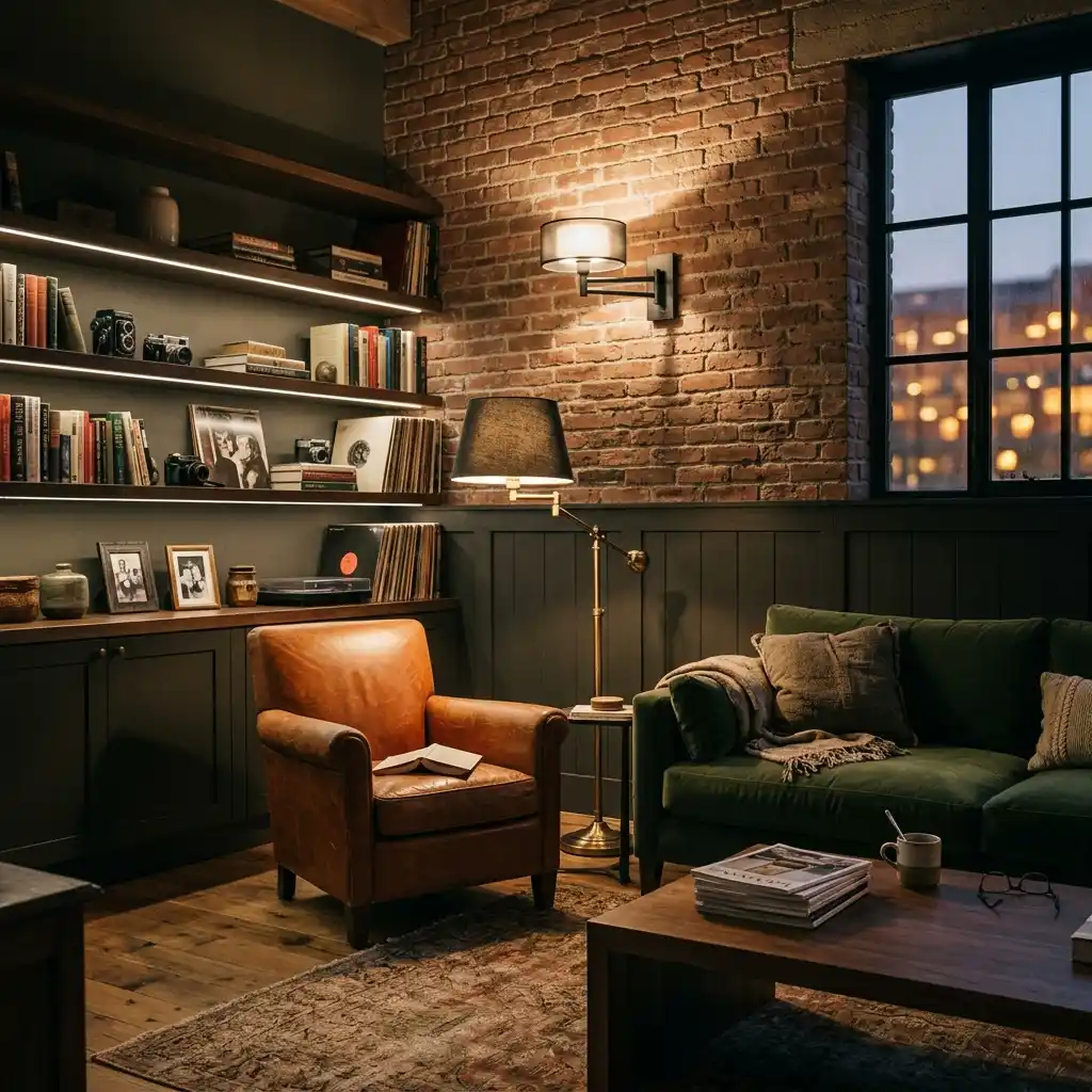 Lounge showing three light heights at once: floor lamp, wall sconce, and under-shelf strip