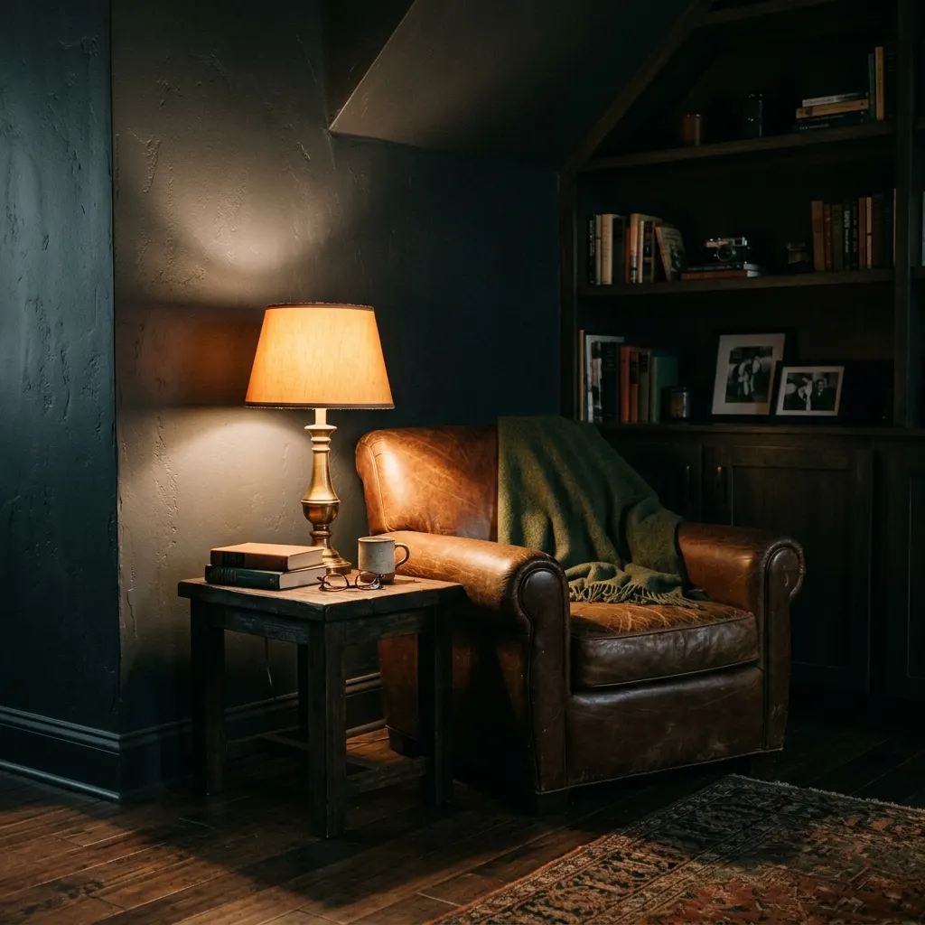 Dark navy corner with a brass table lamp on a black side table beside a brown leather armchair and a built-in bookcase