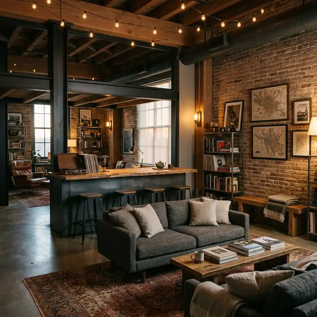 Man cave showing three seating heights with a low sofa, counter stools, and a small bench