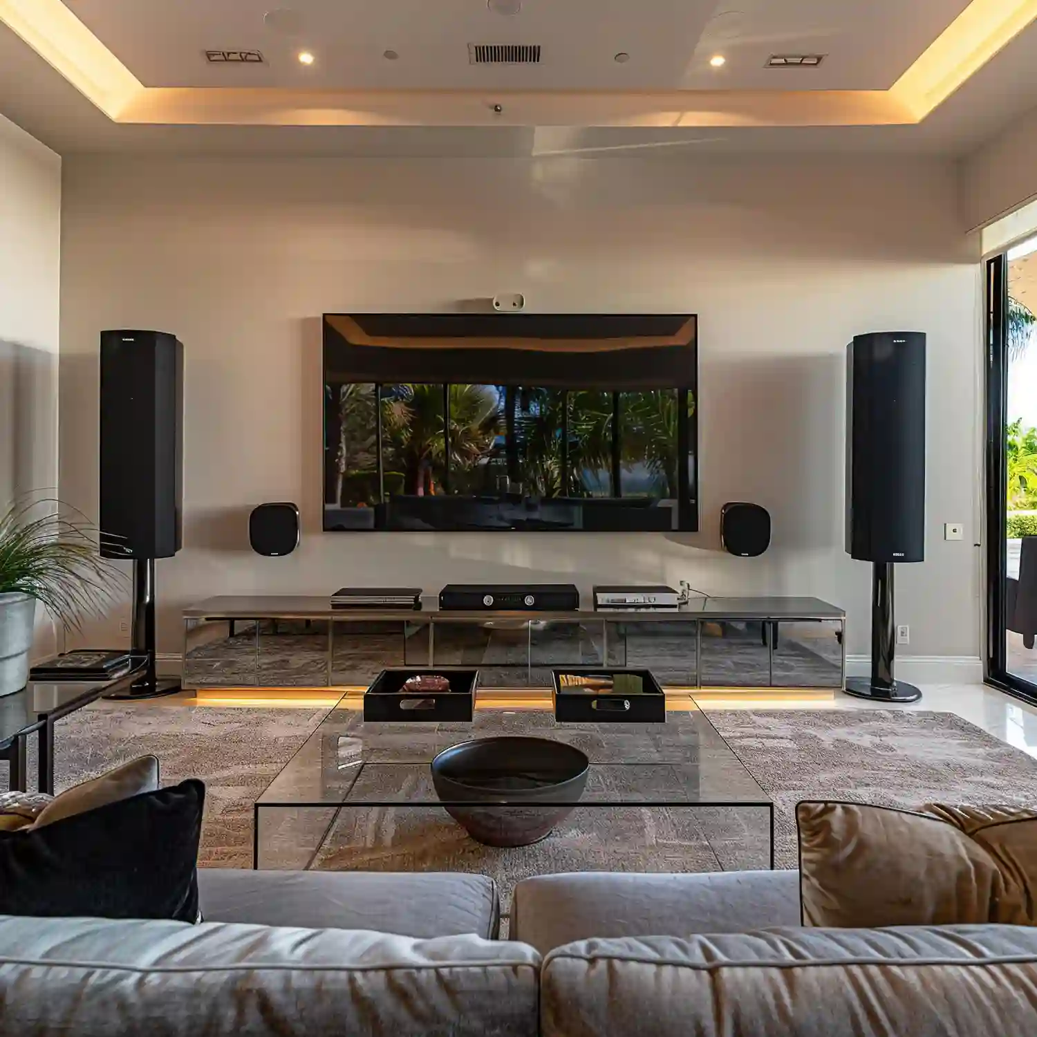 Dark media room with soundbar, two speakers, fabric sofa, and low-pile rug softening hard surfaces
